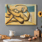 Canvas art print featuring abstracted figures embracing near shoreline, set in a cozy kitchen setting