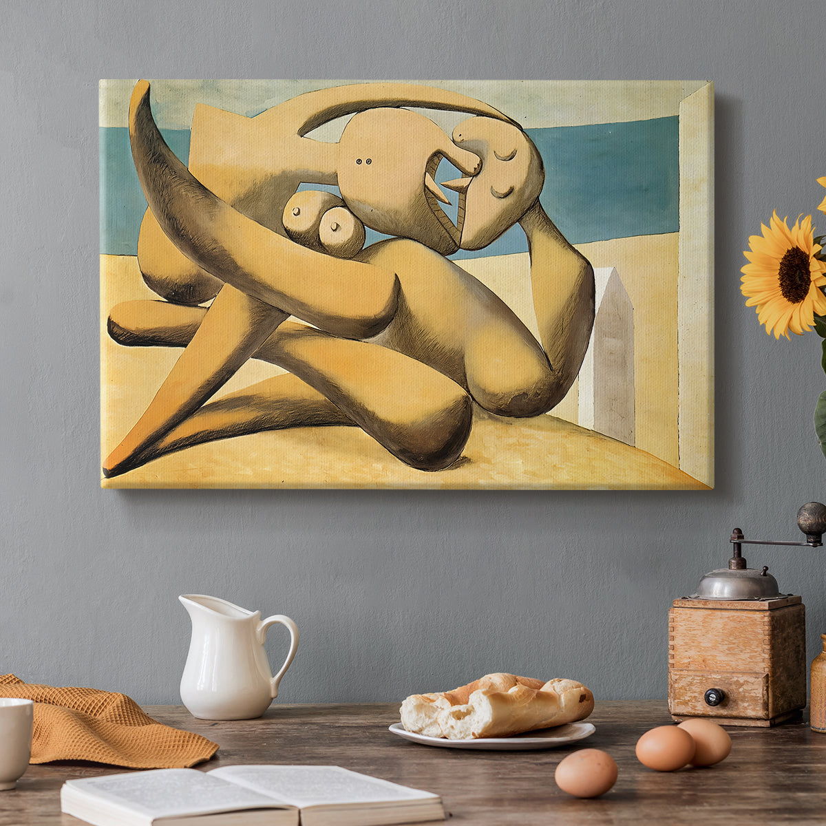 Canvas art print featuring abstracted figures embracing near shoreline, set in a cozy kitchen setting