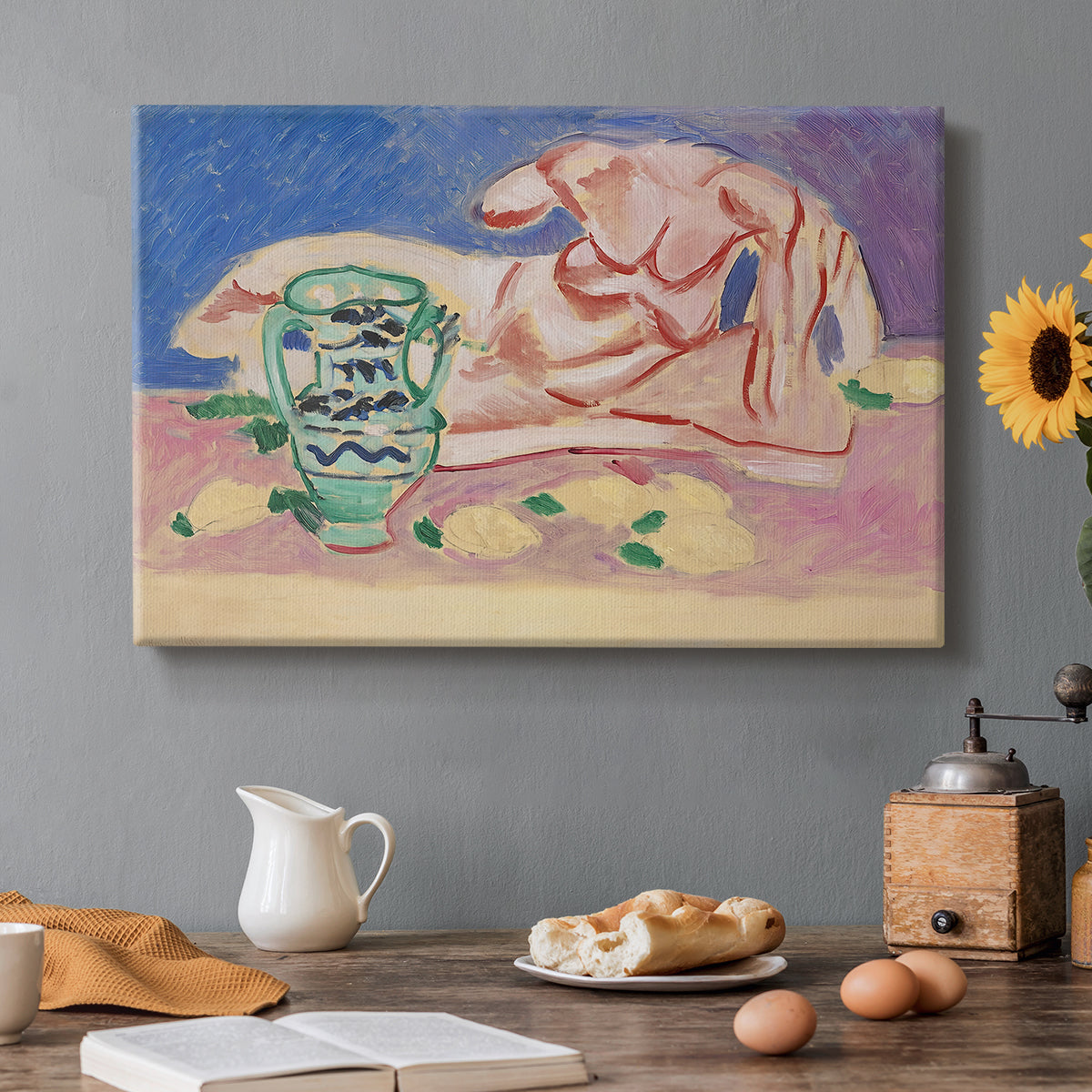 Canvas art print featuring a reclining classical figure rendered in a stylized modern composition, set in a cozy kitchen setting