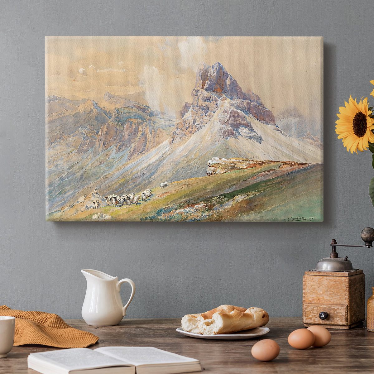 Canvas art print featuring dramatic Dolomite mountain peaks rising above rugged terrain, set in a cozy kitchen setting