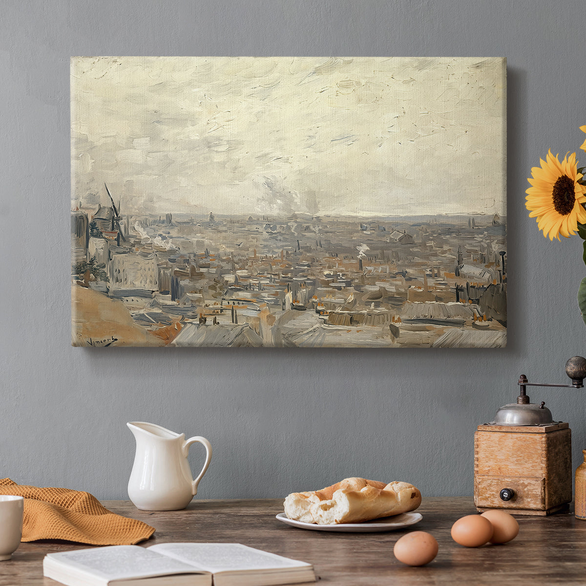Canvas art print featuring an elevated view over rooftops and buildings across wide urban landscape, set in a cozy kitchen setting