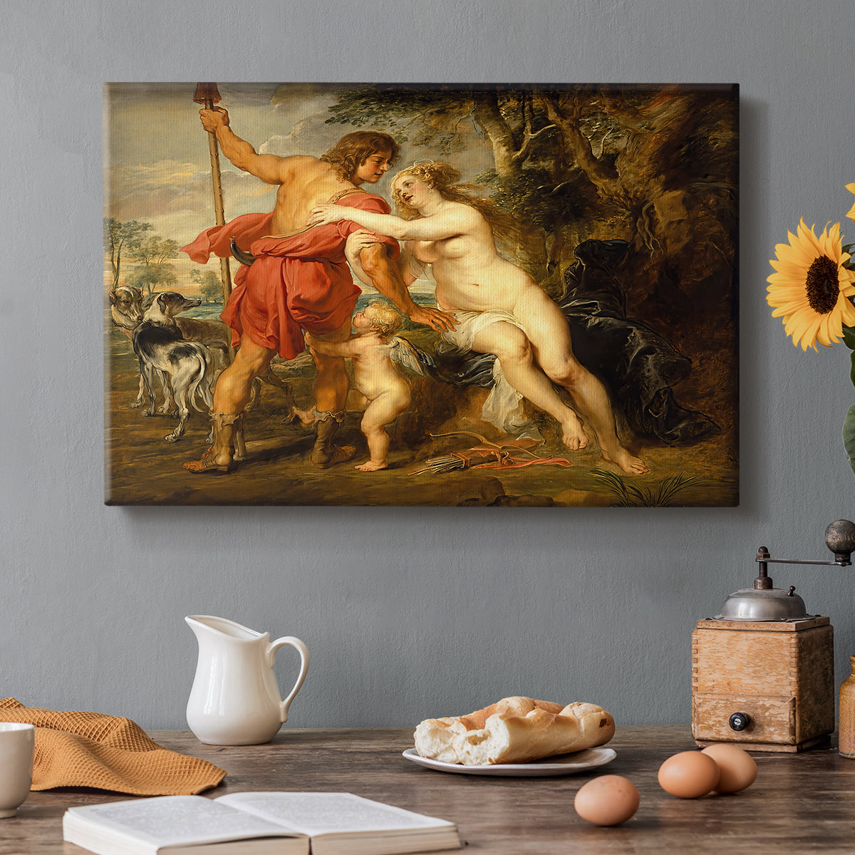 Canvas art print featuring mythological figures interacting in dramatic outdoor scene, set in a cozy kitchen setting