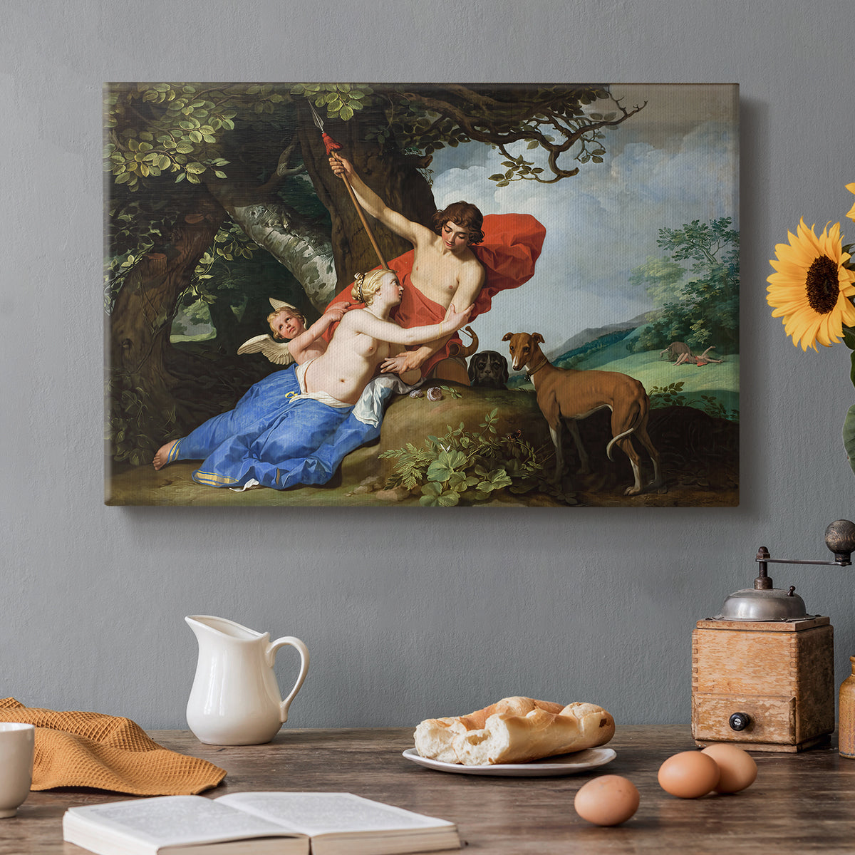 Canvas art print featuring Venus embracing Adonis in a mythological forest scene with Cupid nearby, set in a cozy kitchen setting