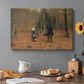 Canvas art print featuring a man and children walking together through forest carrying tools, set in a cozy kitchen setting