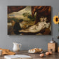 Canvas art print featuring a reclining nude woman with lute player in romantic pastoral setting, set in a cozy kitchen setting