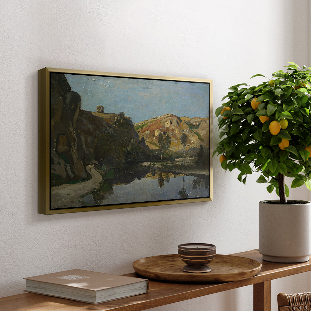 River Landscape with Cliffs, c. 1850-1860 - Floater Framed Canvas Print