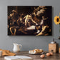 Canvas art print featuring a chaotic scene of Saint Matthew being attacked by executioner in church, set in a cozy kitchen setting