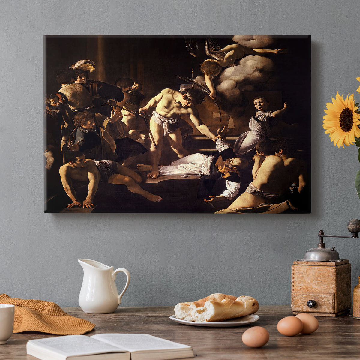 Canvas art print featuring a chaotic scene of Saint Matthew being attacked by executioner in church, set in a cozy kitchen setting