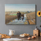 Canvas art print featuring an elderly man and child walking together along quiet rural path, set in a cozy kitchen setting