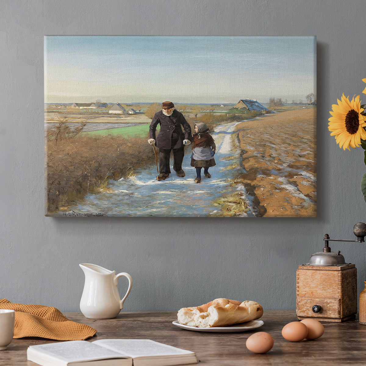 Canvas art print featuring an elderly man and child walking together along quiet rural path, set in a cozy kitchen setting