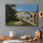 Canvas art print featuring an arched bridge spanning river with structure reflected in water, set in a cozy kitchen setting