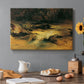 Canvas art print featuring a mountain stream flowing through rocky terrain, set in a cozy kitchen setting