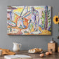 Canvas art print featuring figures relaxing in a bright coastal landscape with water and trees, set in a cozy kitchen setting