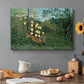 Canvas art print featuring a tiger attacking buffalo in dense jungle filled with foliage, set in a cozy kitchen setting
