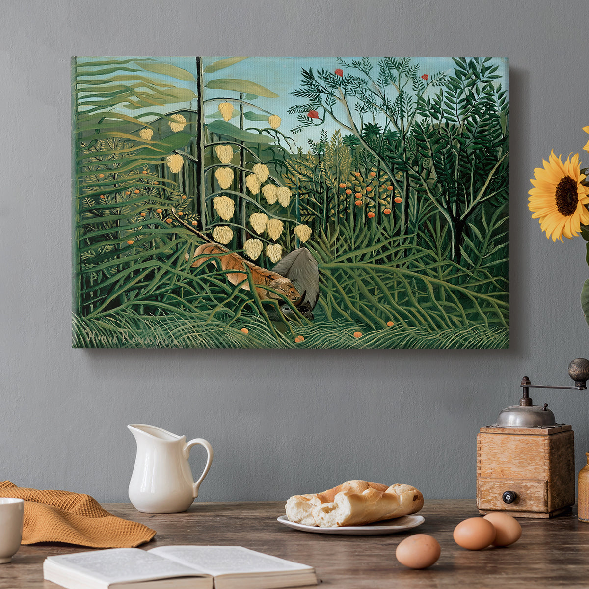 Canvas art print featuring a tiger attacking buffalo in dense jungle filled with foliage, set in a cozy kitchen setting