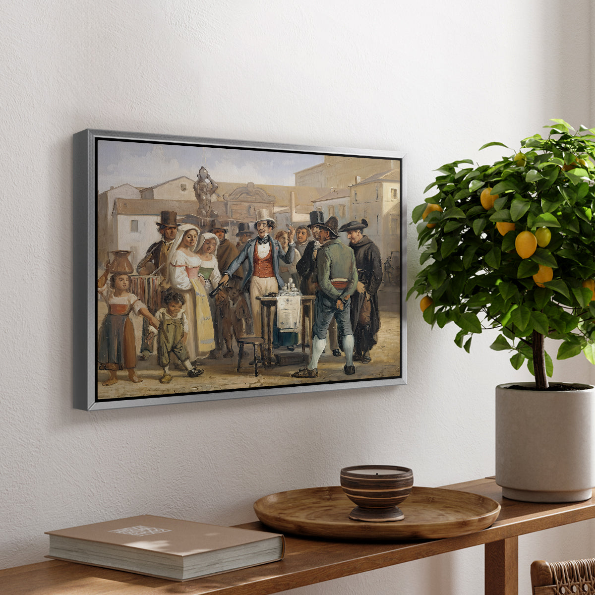 A Charlatan Selling Blacking in the Piazza Barberini in Rome, c. 1840-1849 - Floater Framed Canvas Print