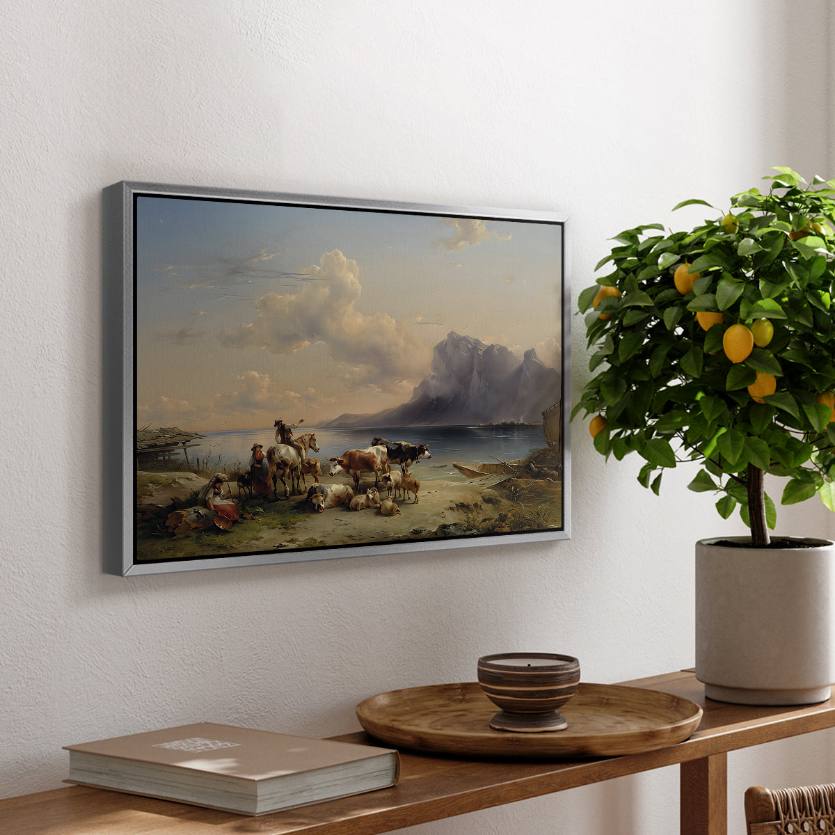Shepherds and Cattle on Lake Attersee, 1852 - Floater Framed Canvas Print