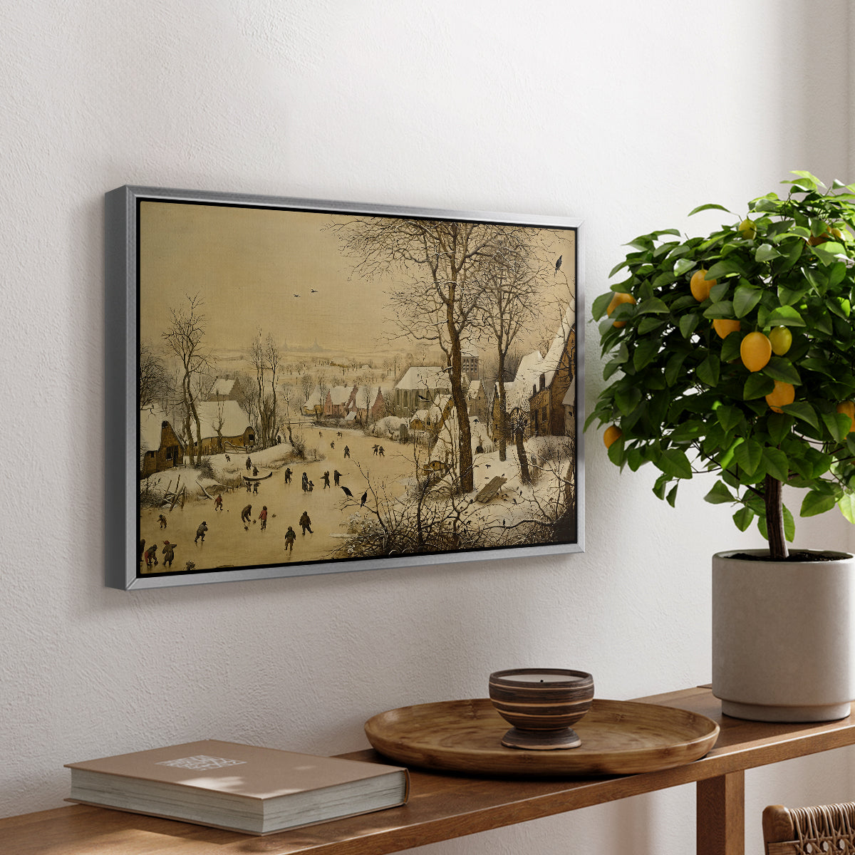 Winter Landscape with Skaters and Bird Trap, 1565 - Floater Framed Canvas Print
