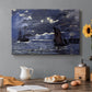 Canvas art print featuring ships on dark sea illuminated by moonlight under night sky, set in a cozy kitchen setting