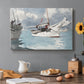 Canvas art print featuring small boats anchored in shallow water with shoreline in background, set in a cozy kitchen setting