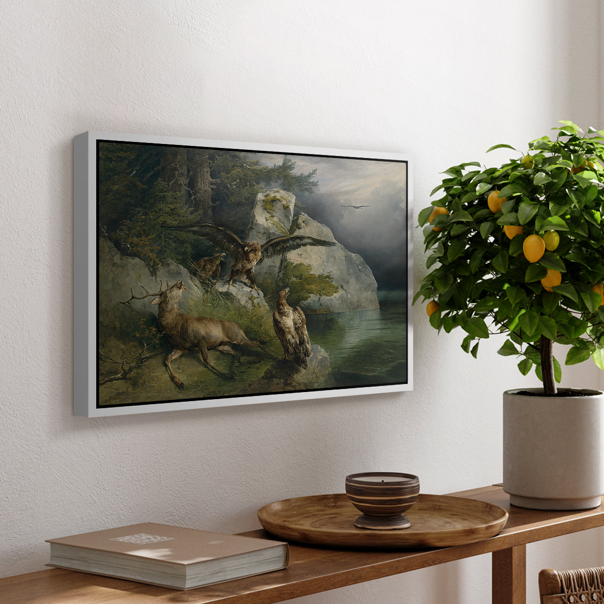 Eagles and Dying Stag on a Lakeshore, 1836 - Floater Framed Canvas Print