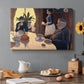 Canvas art print featuring figures seated around table in pointillist interior, set in a cozy kitchen setting