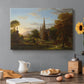 Canvas art print featuring figures approaching settlement within expansive landscape under warm light, set in a cozy kitchen setting