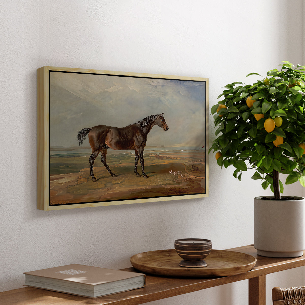 Dr. Syntax, a Bay Racehorse, Standing in a Coastal Landscape, an Estuary Beyond, c. 1820 - Floater Framed Canvas Print