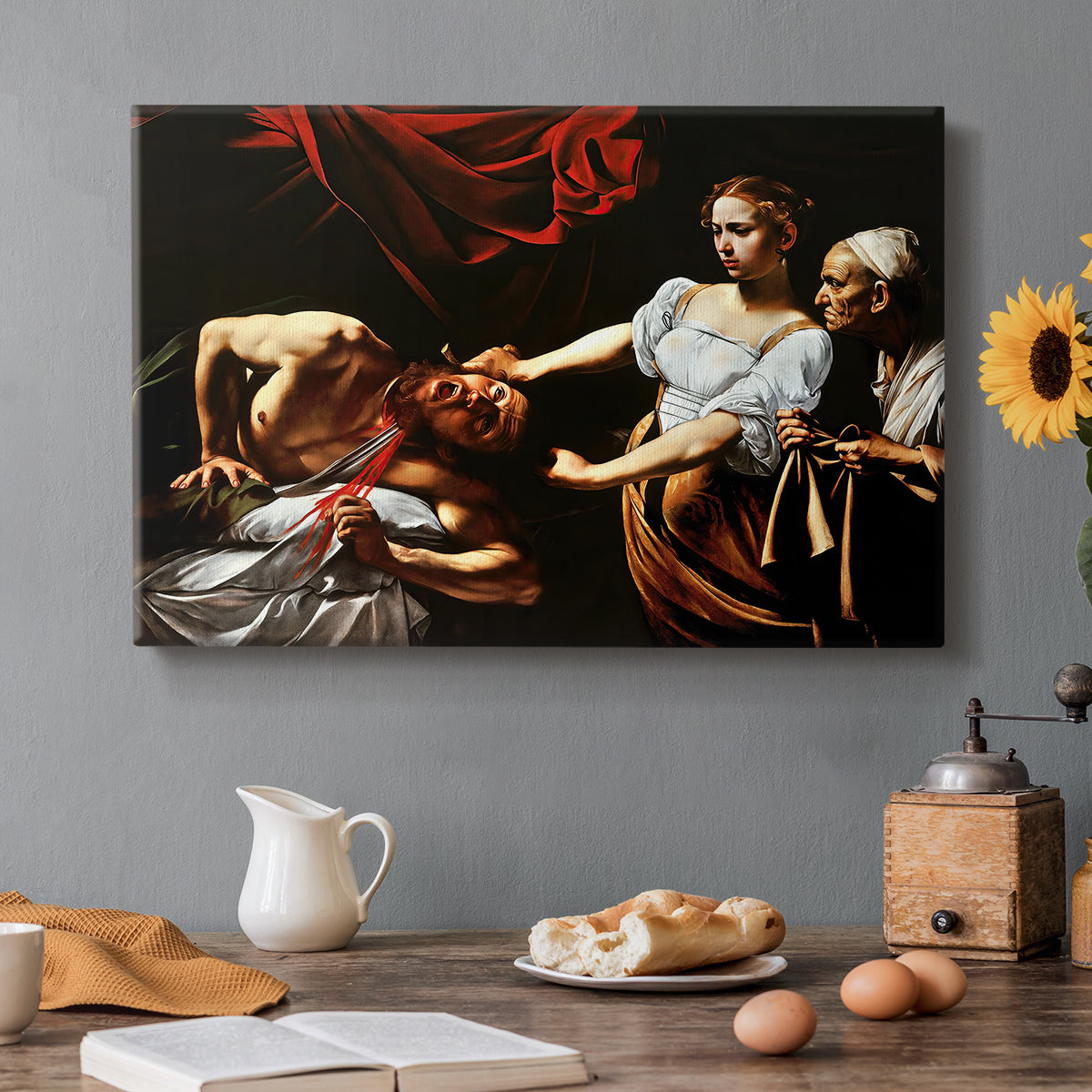 Canvas art print featuring Judith cutting off Holofernes' head as maidservant assists beside her, set in a cozy kitchen setting