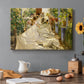 Canvas art print featuring figures working together sewing large sail outdoors in bright light, set in a cozy kitchen setting