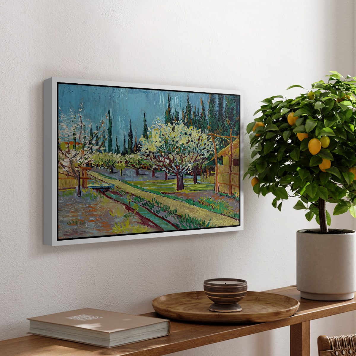 Orchard in Blossom, Bordered by Cypresses, 1888 - Floater Framed Canvas Print