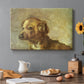 Canvas art print featuring a small dog resting with soft brushwork in warm-toned composition, set in a cozy kitchen setting