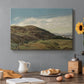 Canvas art print featuring a panoramic view of Oslo landscape with church and rolling hills under open sky, set in a cozy kitchen setting