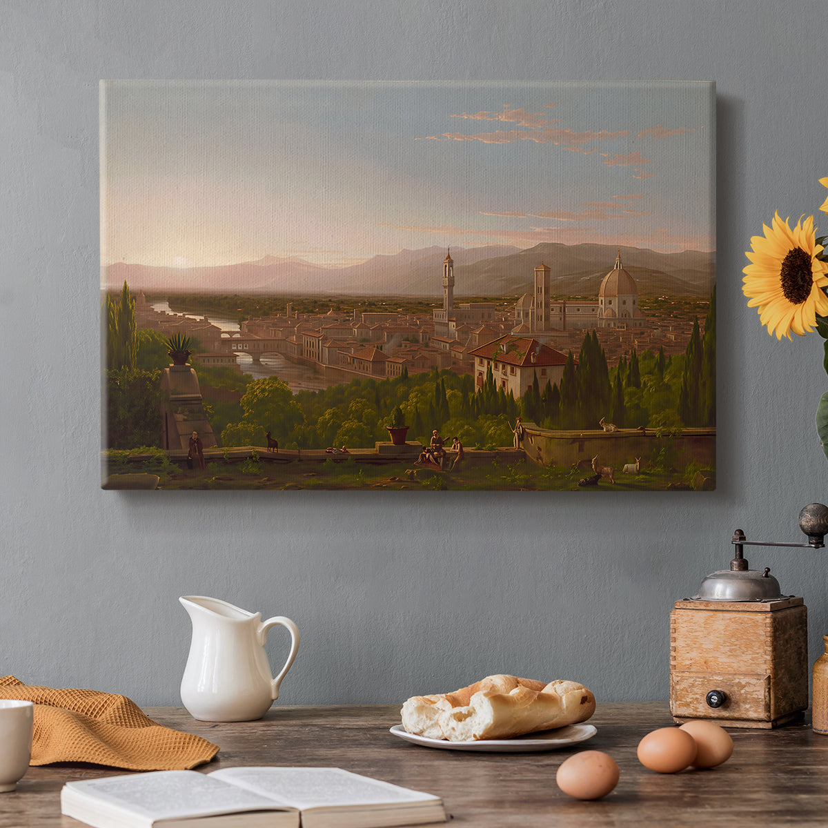 Canvas art print featuring a city of Florence viewed from elevated vantage point with surrounding hills, set in a cozy kitchen setting