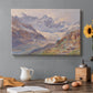 Canvas art print featuring an alpine glacier landscape with rugged peaks and snow-covered terrain, set in a cozy kitchen setting