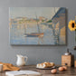 Canvas art print featuring boats docked along river with masts, set in a cozy kitchen setting