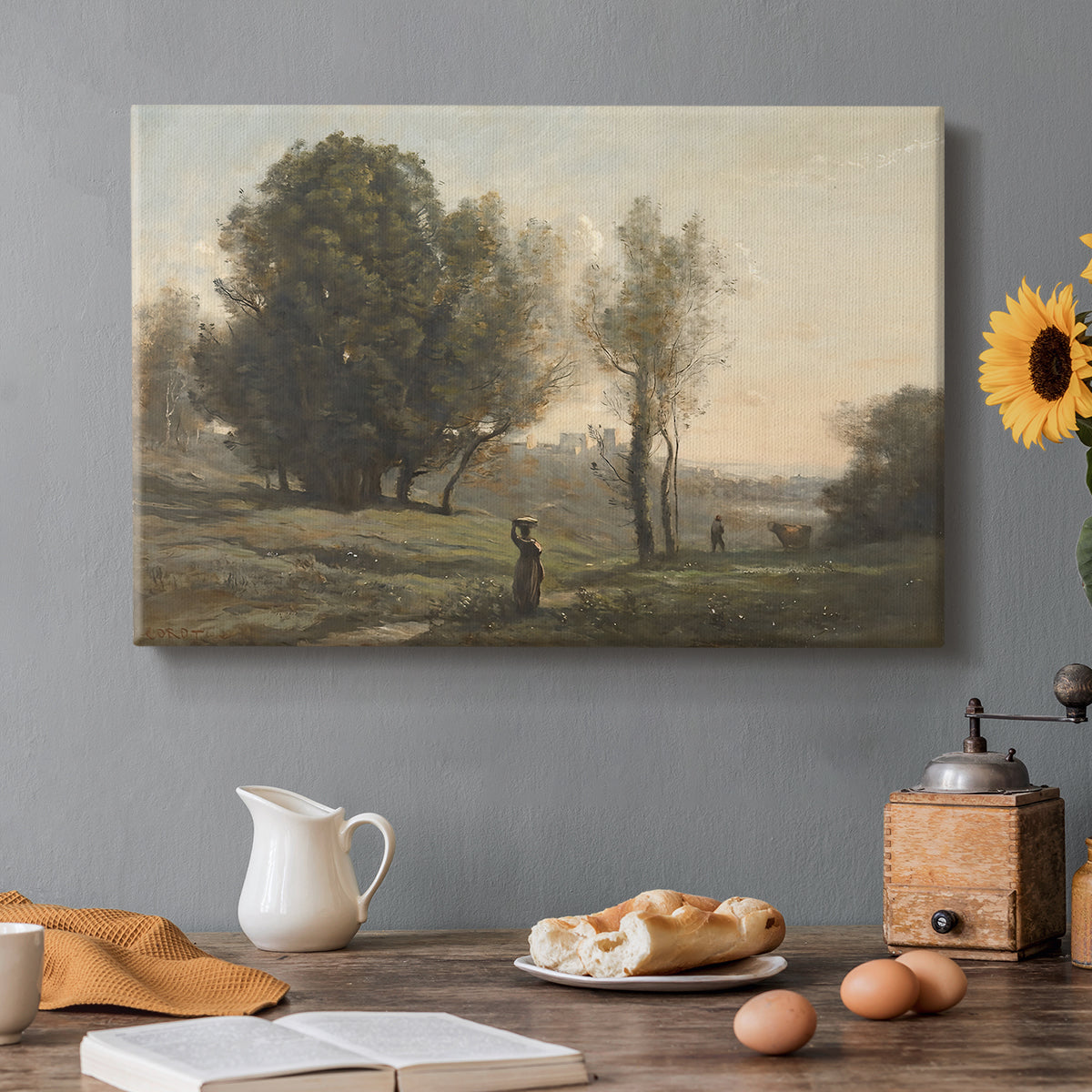 Canvas art print featuring an expansive landscape with sparse trees and open ground under soft light, set in a cozy kitchen setting