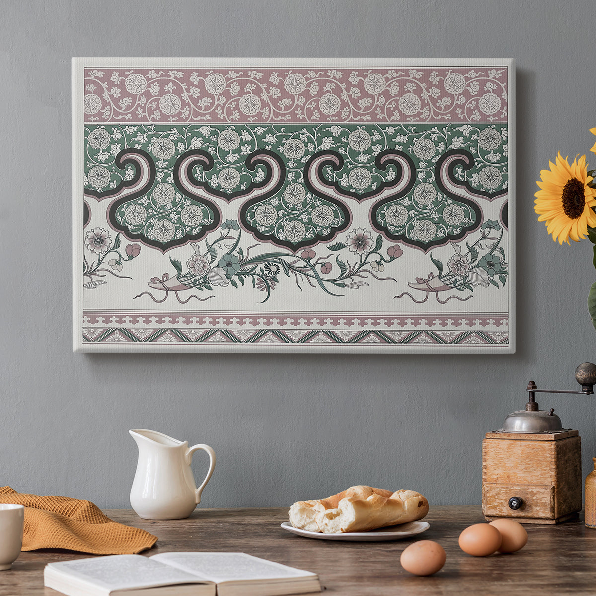 Canvas art print featuring a repeating pattern with interlocking shapes and stylized organic forms, set in a cozy kitchen setting