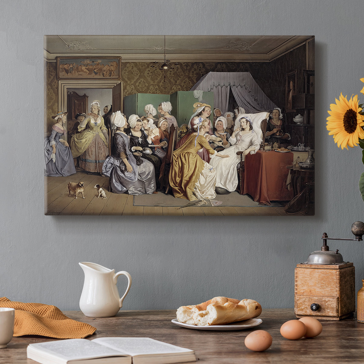 Canvas art print featuring women gathered around mother and newborn in domestic interior, set in a cozy kitchen setting