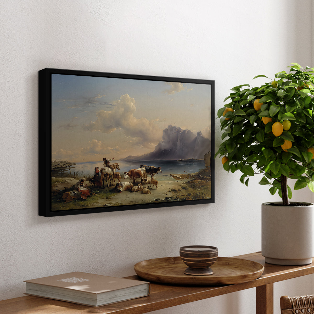 Shepherds and Cattle on Lake Attersee, 1852 - Floater Framed Canvas Print