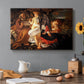 Canvas art print featuring the Holy Family resting in landscape with angel playing violin, set in a cozy kitchen setting