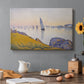 Canvas art print featuring a quiet harbor at sunset, set in a cozy kitchen setting