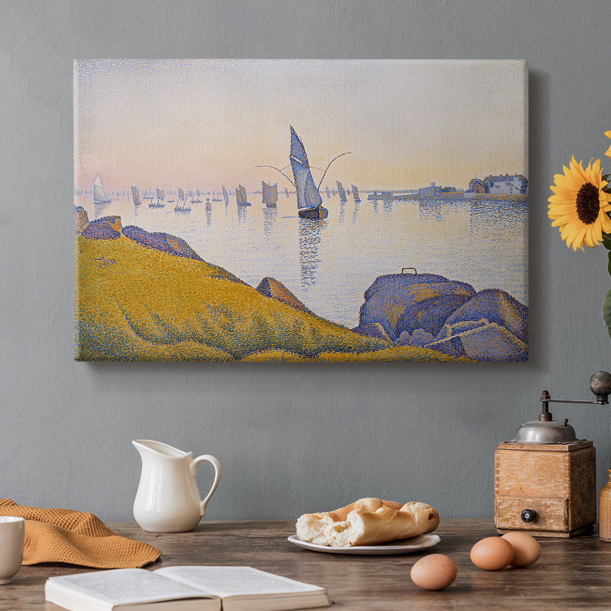 Canvas art print featuring a quiet harbor at sunset, set in a cozy kitchen setting