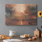 Canvas art print featuring a volcanic eruption with glowing lava and smoke, set in a cozy kitchen setting