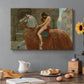 Canvas art print featuring a female figure riding horse through town, set in a cozy kitchen setting