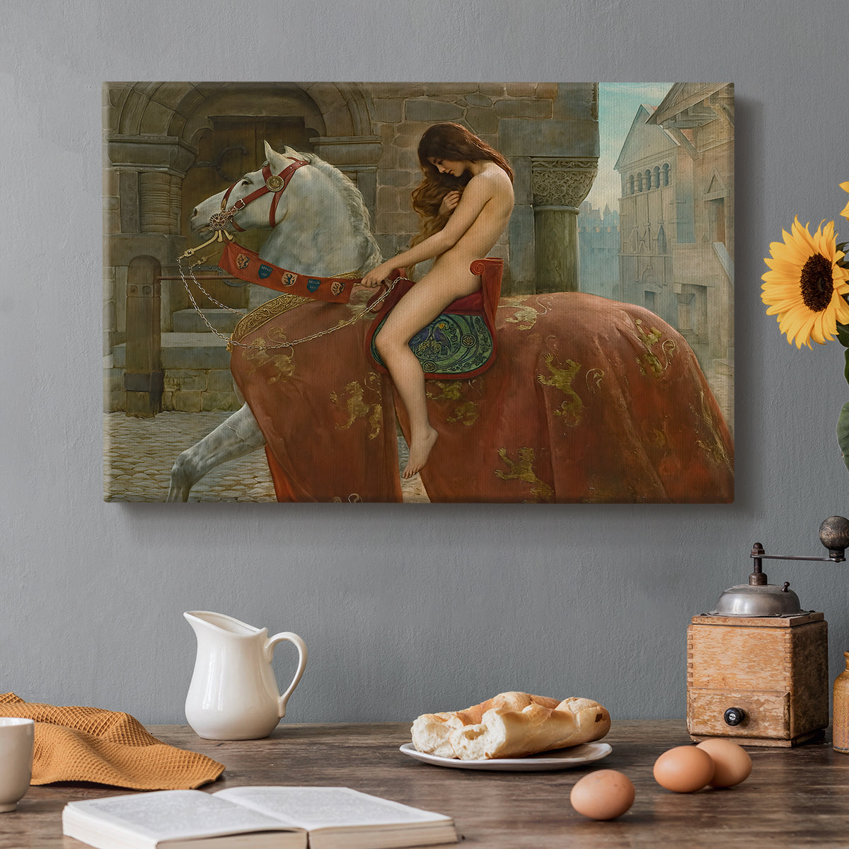 Canvas art print featuring a female figure riding horse through town, set in a cozy kitchen setting