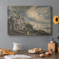 Canvas art print featuring a rural mill beside water surrounded by trees, set in a cozy kitchen setting