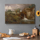 Canvas art print featuring a mill beside water in rural setting, set in a cozy kitchen setting