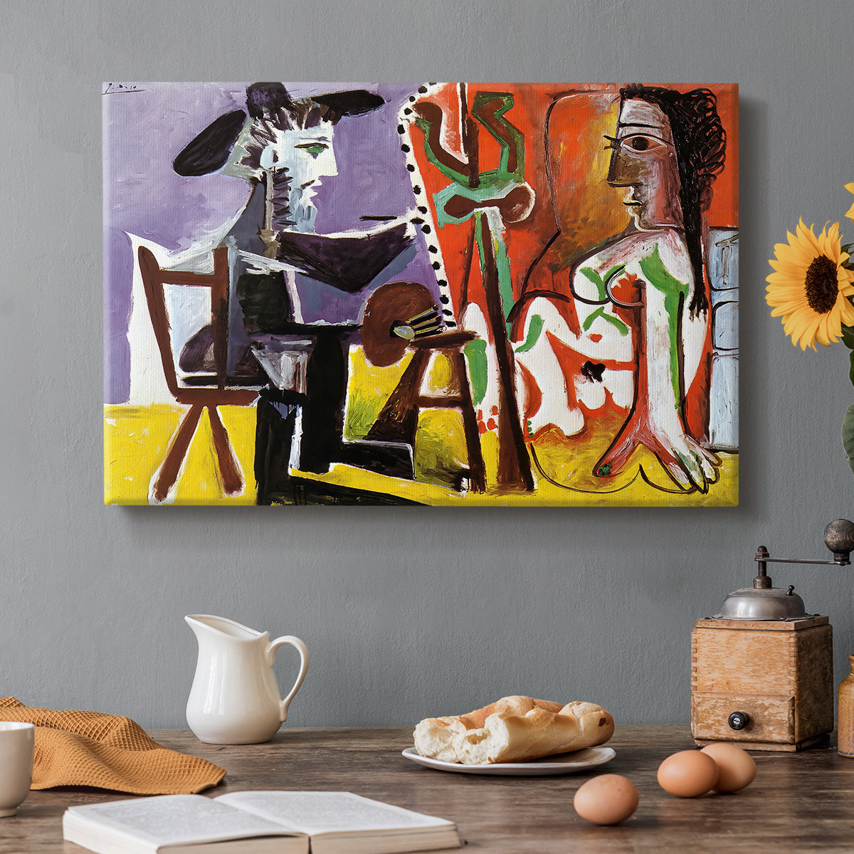 Canvas art print featuring an artist and model in interior using fragmented geometric forms, set in a cozy kitchen setting