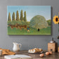 Canvas art print featuring grazing animals in open meadow with trees and simple landscape, set in a cozy kitchen setting